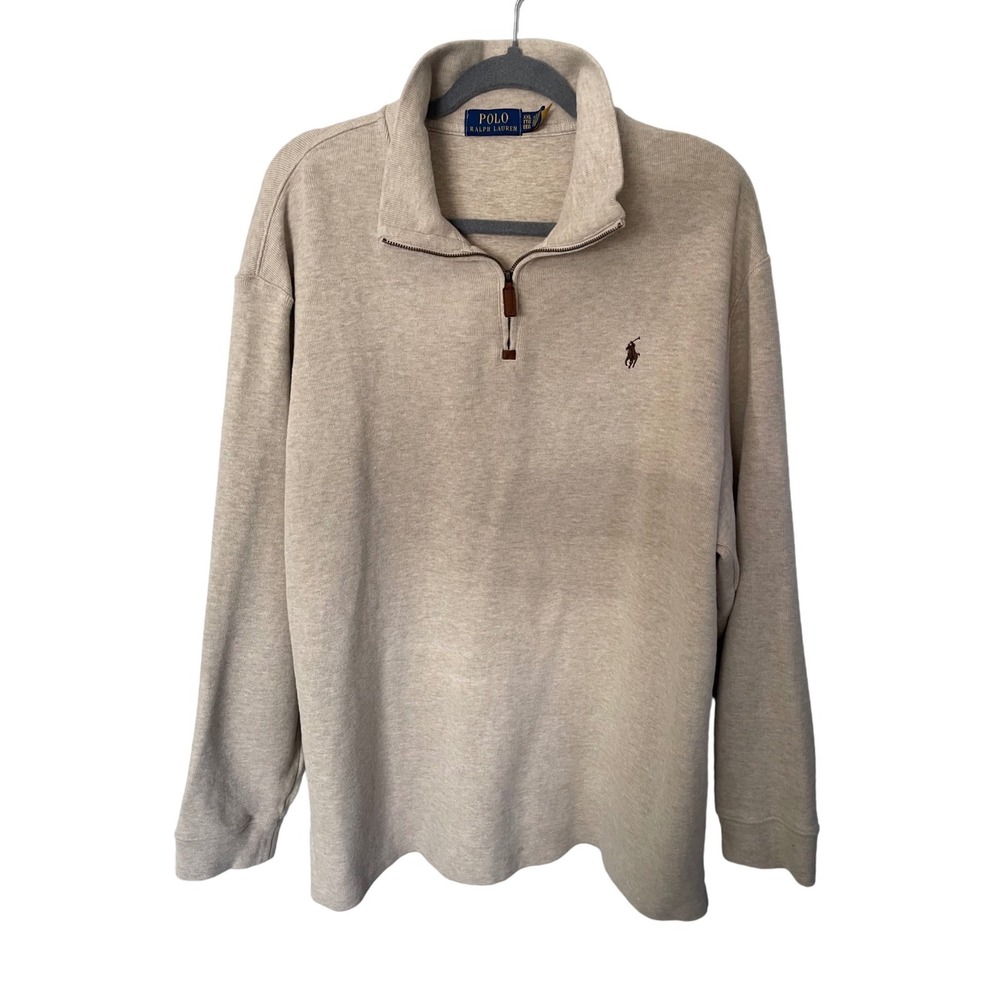 Polo Ralph Lauren 1/4 Zip Pullover Sweater Mens XXL Beige Heather Leather Pull